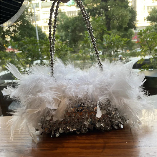 Fashion Pearl Beading Women Handbag Ladies Clutch Party Evening Bags Real Feathers Chain Shoulder Bag Princess Crossbody Bags