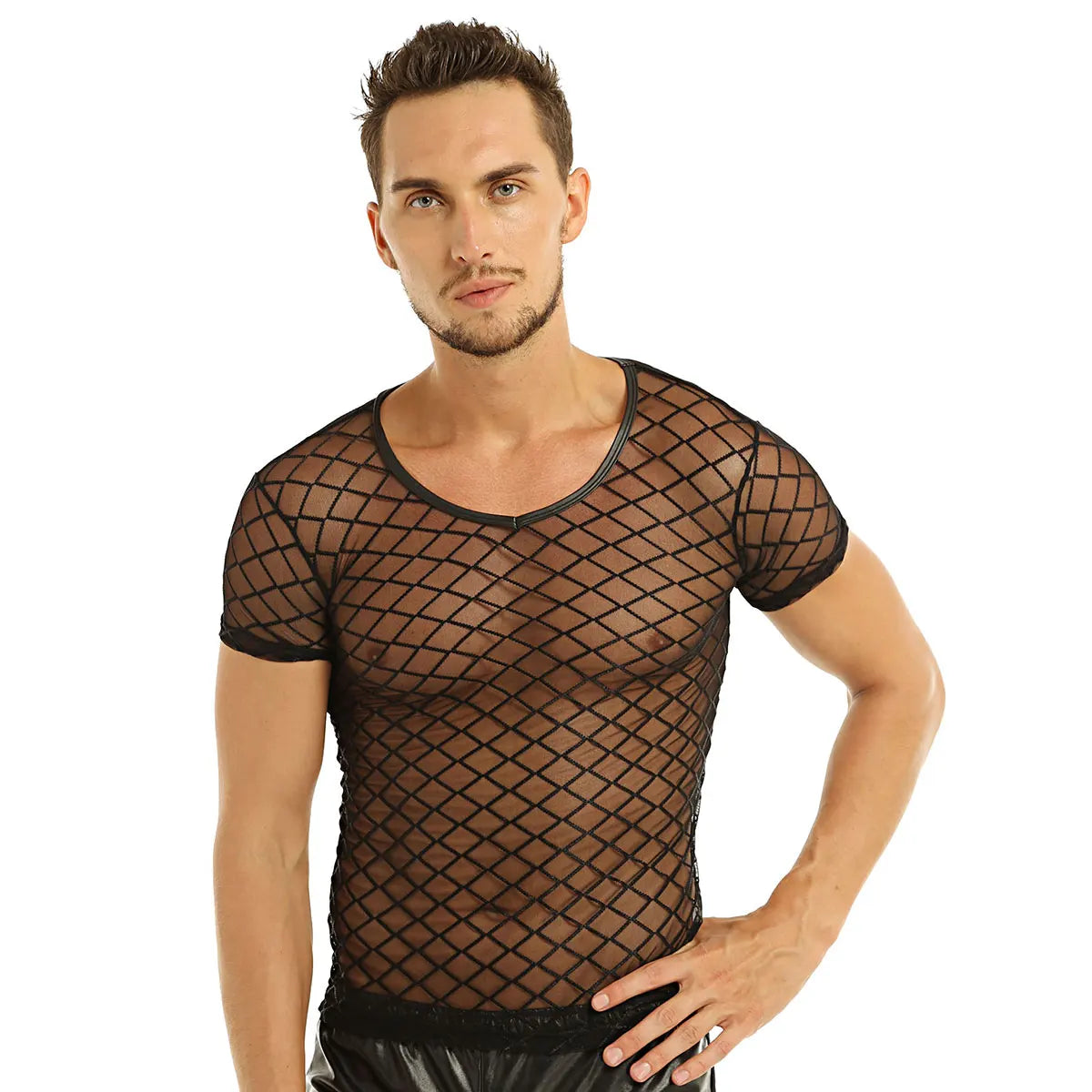 2022 Fashion Men Mesh T Shirt See Through Short Sleeve Slim Party Nightclub Wear Sexy T-shirts Top Thin Breathable Camiseta