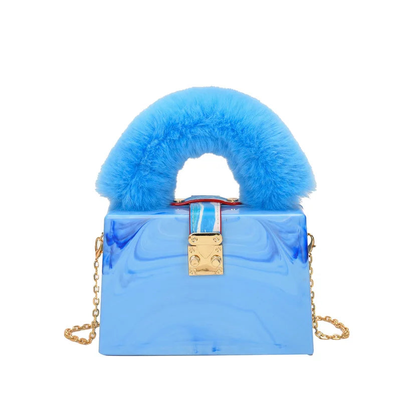 Faux Fur Top Handle Acrylic Party Box Clutch Fashion Purses and Handbags for Women Designer Evening Bag Chain Shoulder Bag