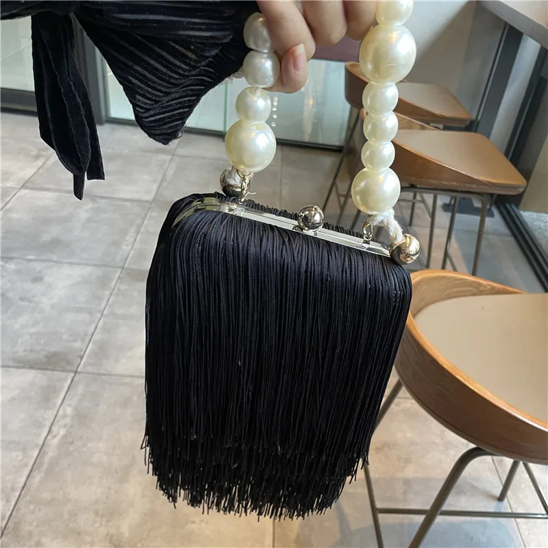 Tassel Small Square Bag Female Pearl Chain Handbag Dinner Bag High Quality Long Tassel Clutch Bag Black Evening Bag