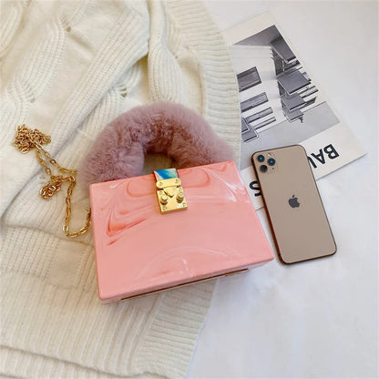 Faux Fur Top Handle Acrylic Party Box Clutch Fashion Purses and Handbags for Women Designer Evening Bag Chain Shoulder Bag