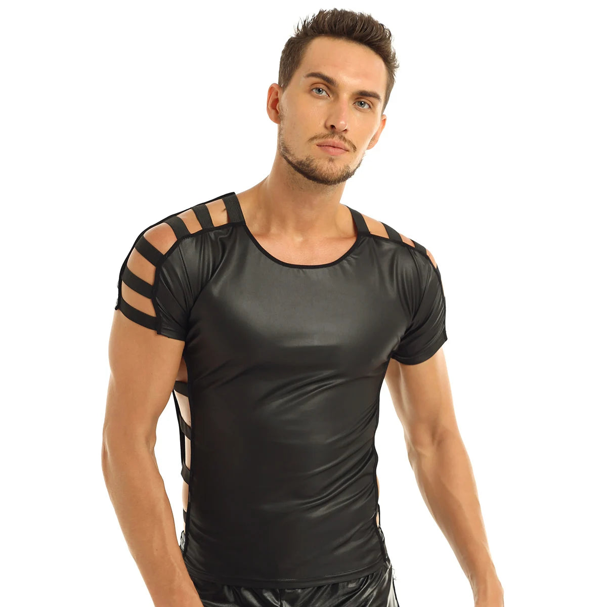 T-shirts Clubwear pour hommes, chemises en cuir verni effet mouillé, col rond, maille transparente, manches courtes, demi-fermeture éclair sur le devant