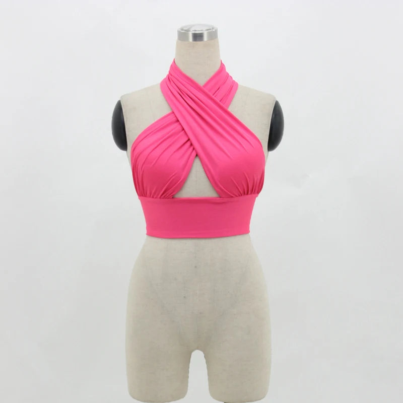 Sex Women Strappy Cross Tank Top Over Front Cut Out Halter Neck Sleeveless Backless Bandage Vest Summer Sexy Tops Woman Clothes