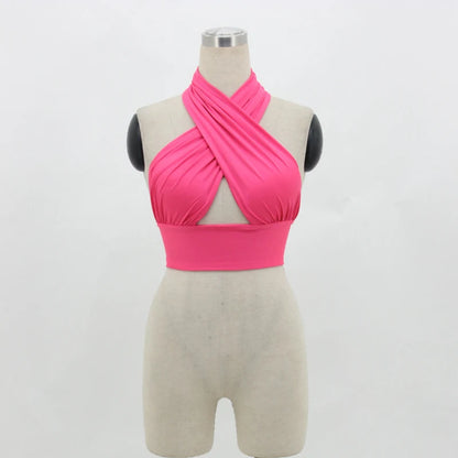 Sex Women Strappy Cross Tank Top Over Front Cut Out Halter Neck Sleeveless Backless Bandage Vest Summer Sexy Tops Woman Clothes