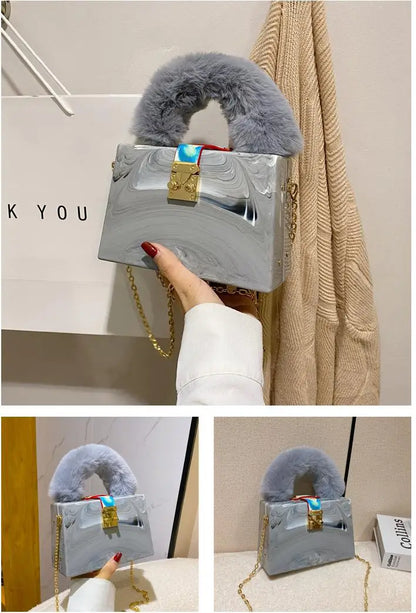 Faux Fur Top Handle Acrylic Party Box Clutch Fashion Purses and Handbags for Women Designer Evening Bag Chain Shoulder Bag