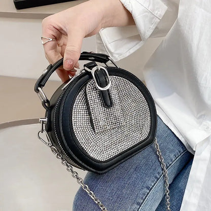 Diamond Mini  Round Shoulder Bag Female Fashion Chain Messenger Bag Black Dinner Bag Small Round