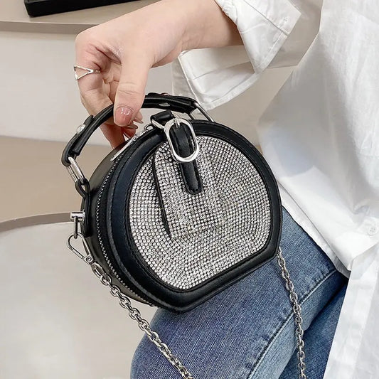 Bolso de hombro redondo mini con diamantes, bolso de mensajero con cadena de moda para mujer, bolso de cena negro pequeño redondo