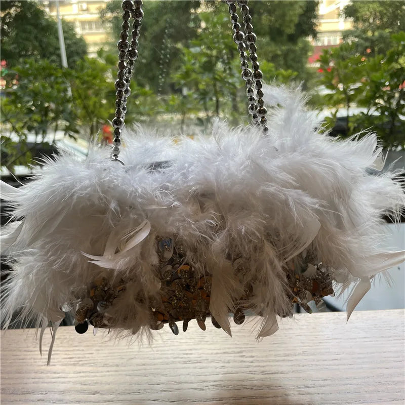 Fashion Pearl Beading Women Handbag Ladies Clutch Party Evening Bags Real Feathers Chain Shoulder Bag Princess Crossbody Bags