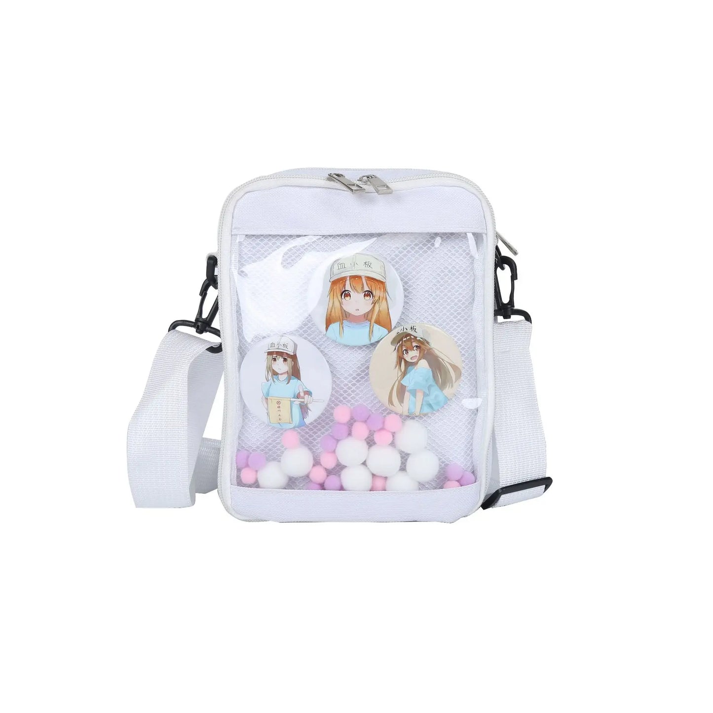 Sac à bandoulière en toile pour écolières japonaises, petit sac à main avec poche en filet et boules de poils colorées, sac transparent à rabat pour femmes