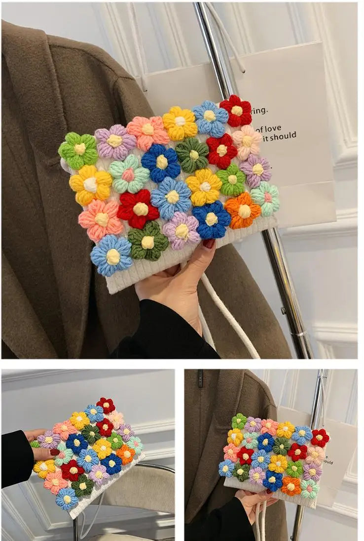 Bolsos de punto de moda Bolso de mano con flores para mujer Nuevo bolso de mensajero de un solo hombro cosido fresco