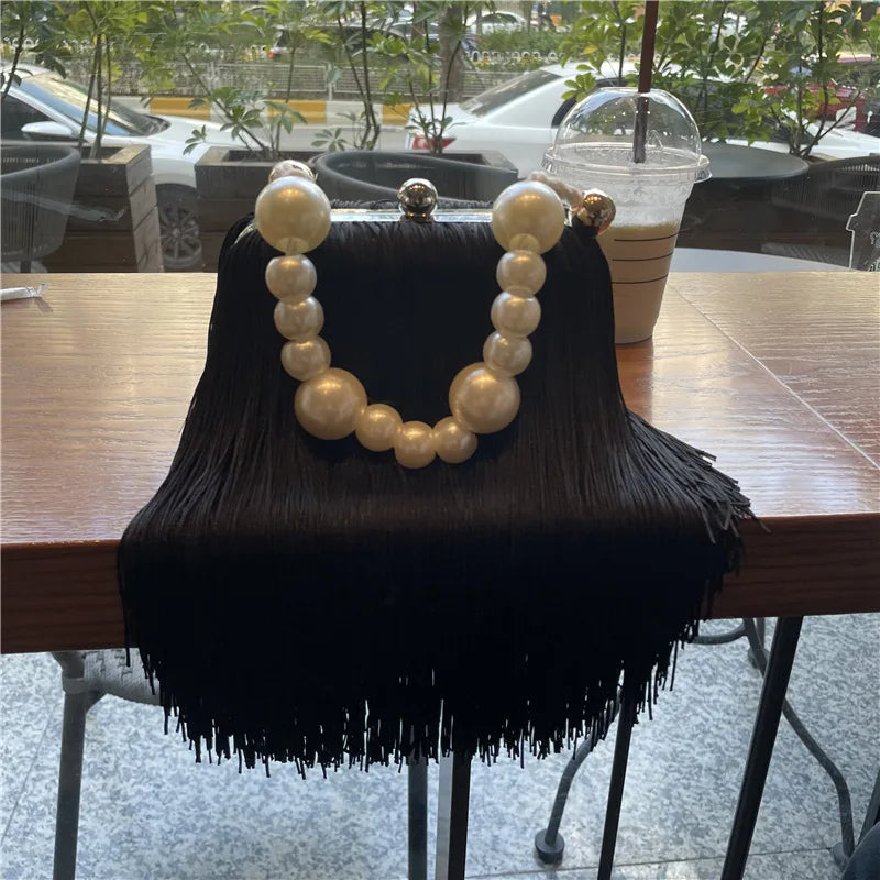 Tassel Small Square Bag Female Pearl Chain Handbag Dinner Bag High Quality Long Tassel Clutch Bag Black Evening Bag