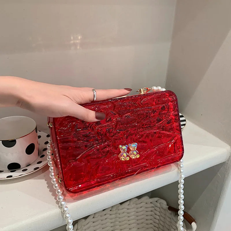 Transparent Acrylic Box Bag Fashion Crack Pattern Design Girl's Candy Color Chain Small Shoulder Bag Dinner Bag Clear Bag