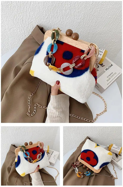 Bolso de mensajero de felpa con clip de madera, bolso de noche, cadena acrílica de moda, bolso de lujo para mujer, bolso de fiesta para banquete, bolso de hombro