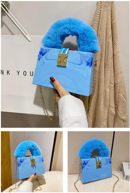 Faux Fur Top Handle Acrylic Party Box Clutch Fashion Purses and Handbags for Women Designer Evening Bag Chain Shoulder Bag