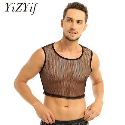 YiZYif Fishnet Mens Mesh Tank Tops Solid Color Sexy Sleeveless See-through Mesh Muscle Tank Fishnet Male Vest Adults Clothes