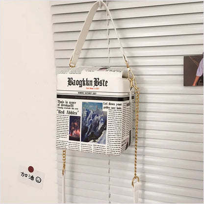 Bolso de hombro con grafiti, estampado de letras de periódico, cadena, bolso cruzado de moda para mujer, bolso de mano de diseñador, bonito bolso tipo cartera