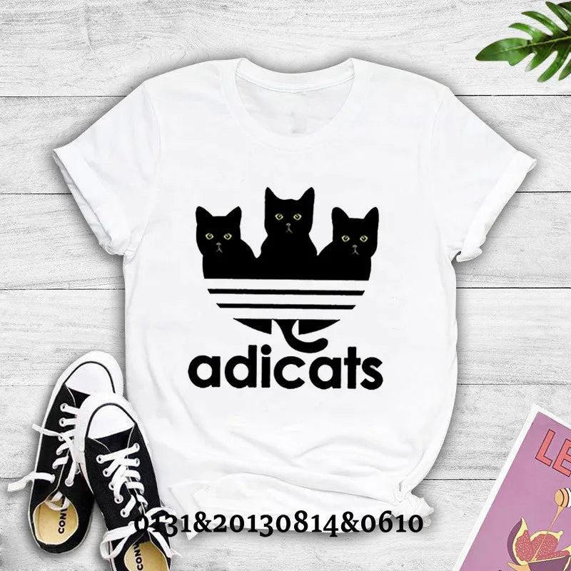 2023 Camiseta de mujer Nueva camiseta con estampado de gato Camiseta de mujer Camiseta de manga corta con cuello redondo Camiseta de verano multicolor para mujer Camiseta de calle