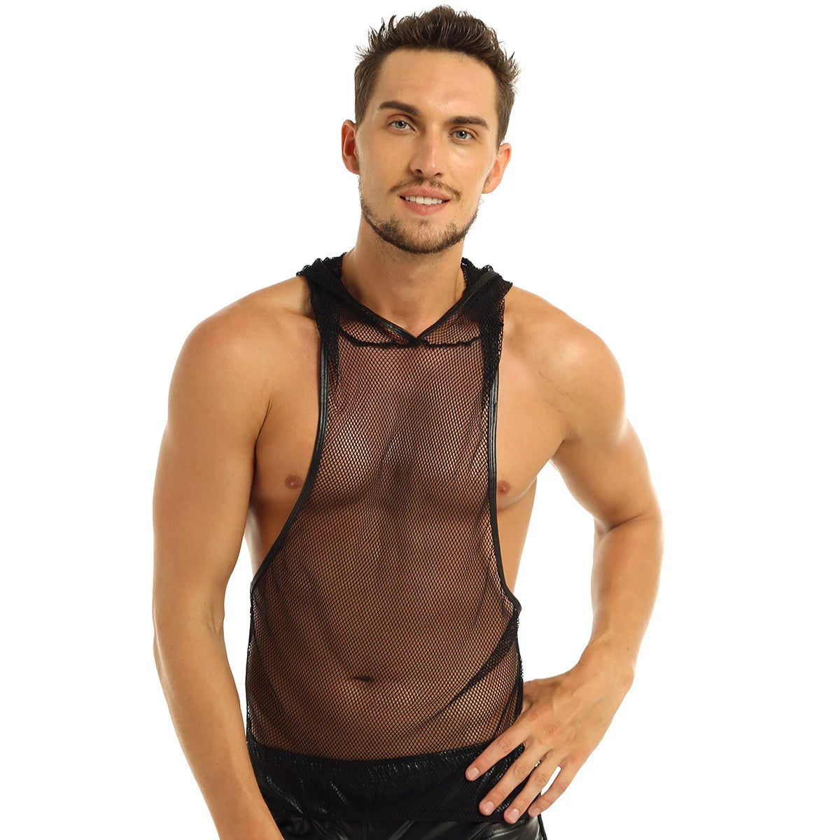 YiZYiF Mens Sexy Black Mesh See Through Clubwear Tank Vest Shirt T-Shirt  Fishnet Club Party wear free shipping