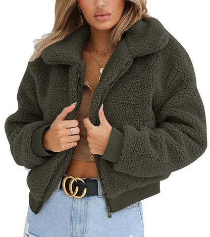 Chaqueta de invierno elegante para mujer, con bolsillo de osito de peluche grueso, abrigo cálido con cremallera, abrigo, chaqueta de piel suave, abrigo de felpa para mujer