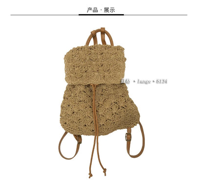 Mochilas casuales de paja hueca para mujer, mochilas tejidas de mimbre, bolsos de ratán para playa de verano, bolsos de viaje vintage de Bali para mujer 2021