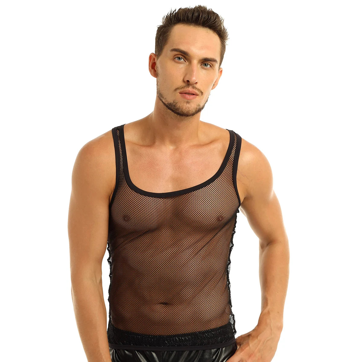 YiZYiF Mens Sexy Black Mesh See Through Clubwear Tank Vest Shirt T-Shirt  Fishnet Club Party wear free shipping