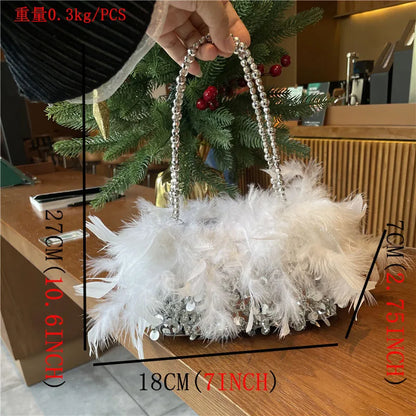 Fashion Pearl Beading Women Handbag Ladies Clutch Party Evening Bags Real Feathers Chain Shoulder Bag Princess Crossbody Bags