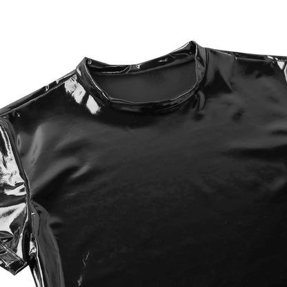 YiZYiF Black Shiny T Shirt Unisex Metallic Hipster PVC Leather Tshirt Sexy Stand Collar Short Sleeves Front Zip Up T-shirt Tops