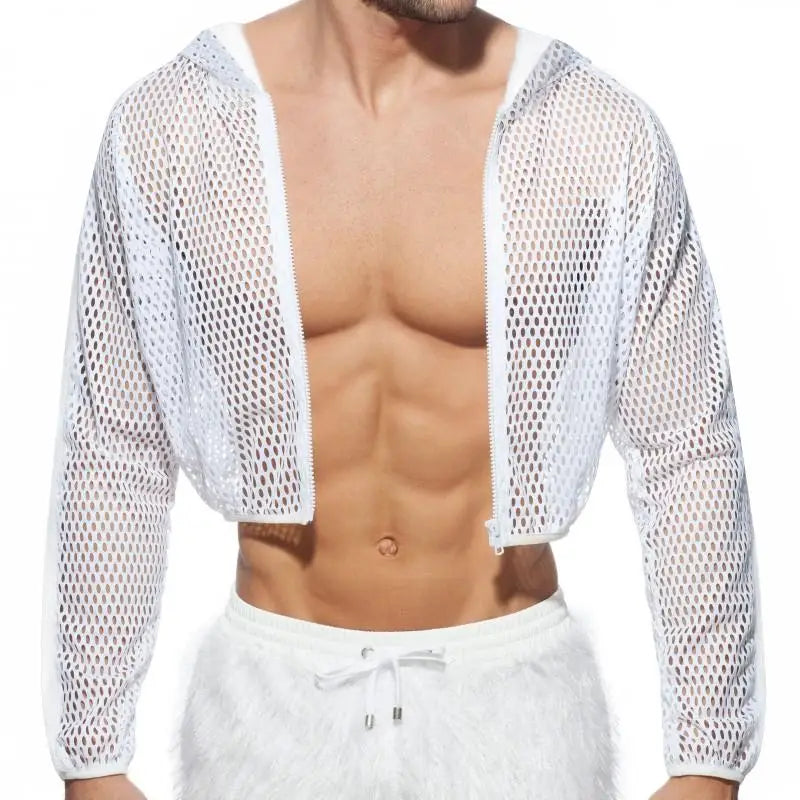 2023 Camisetas cortas de malla para hombre con capucha de color sólido transparente con cremallera ropa de calle sexy camiseta de entrenamiento ropa de calle casual Camisetas INCERUN