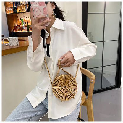 Fashion Round Beading Wooden Women Shoulder Crossbody Bags Rattan Handbags Bamboo Woven Summer Beach Straw Bag Small Bali Purses