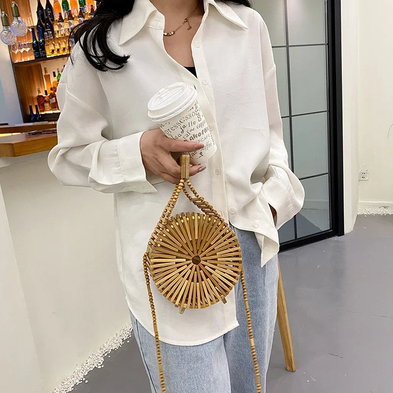 Fashion Round Beading Wooden Women Shoulder Crossbody Bags Rattan Handbags Bamboo Woven Summer Beach Straw Bag Small Bali Purses