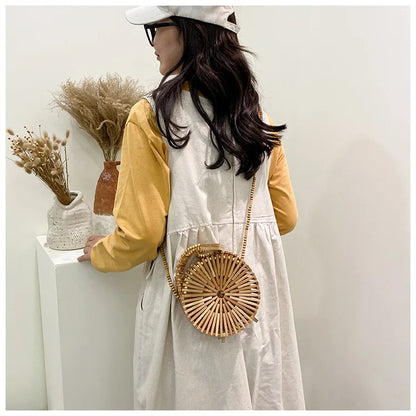 Fashion Round Beading Wooden Women Shoulder Crossbody Bags Rattan Handbags Bamboo Woven Summer Beach Straw Bag Small Bali Purses