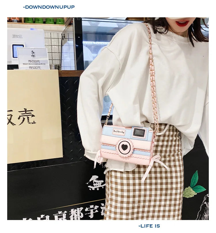 Bolso de mujer de moda 2020, bolso de hombro con forma de cámara divertido y dulce para niñas, bolso cruzado con lazo y cadena para mujer, bolso con solapa para mujer