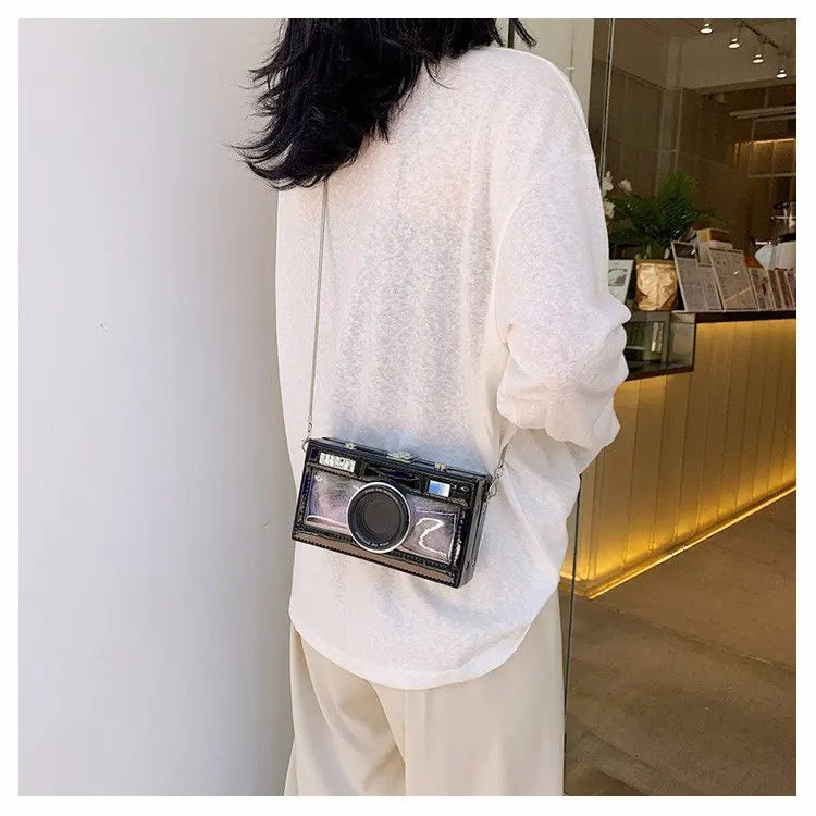 Personalized fashion vintage camera design unique shape clutch shoulder bag ladies casual mini transparent messenger bag purse