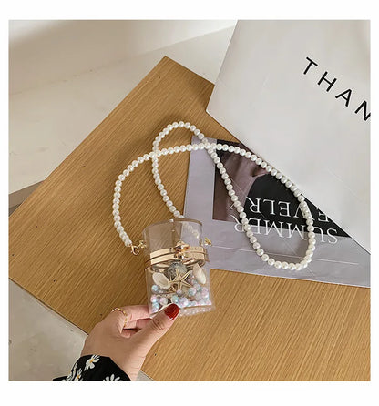 Clear Acrylic Box Clutch Purse Women Transparent Handbag Plastic Barrel Shaped Bag Girl Summer Party Bag with pearl chain