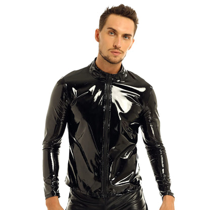 YiZYiF Men Shiny Metallic Front-Zip Stand Collar Tops Wet Look Sexy Patent Leather Nightclub Style Long Sleeve Tops For Men