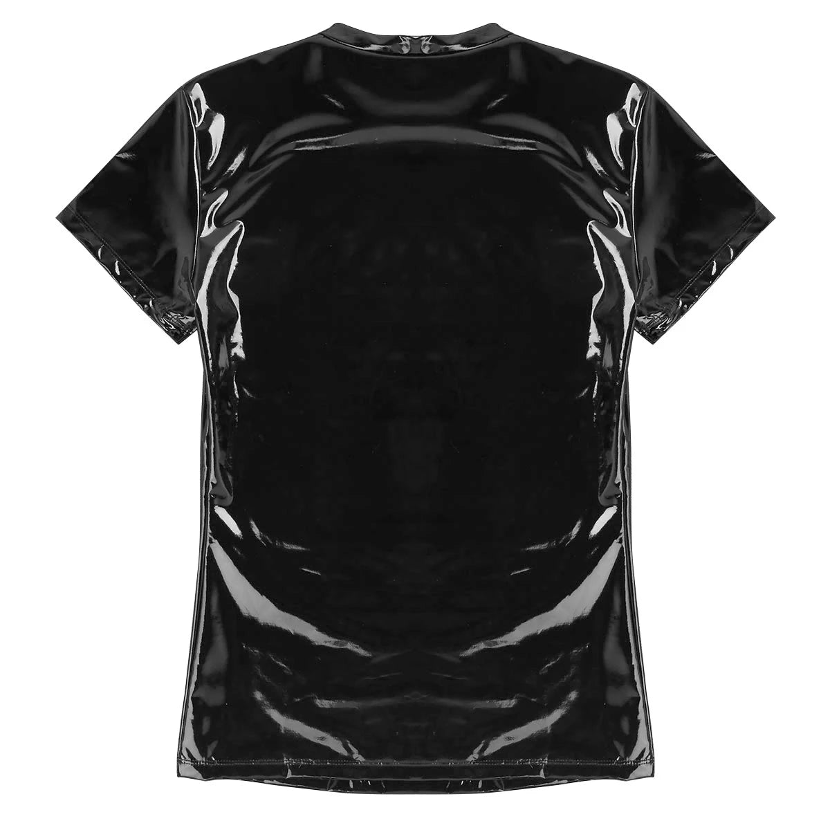 YiZYiF Black Shiny T Shirt Unisex Metallic Hipster PVC Leather Tshirt Sexy Stand Collar Short Sleeves Front Zip Up T-shirt Tops