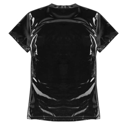 YiZYiF Black Shiny T Shirt Unisex Metallic Hipster PVC Leather Tshirt Sexy Stand Collar Short Sleeves Front Zip Up T-shirt Tops