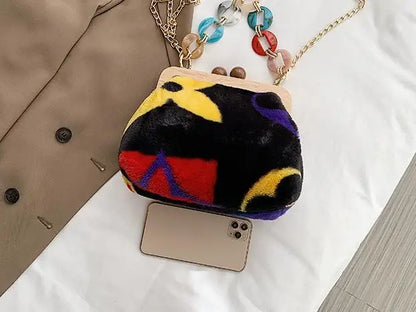 Bolso de mensajero de felpa con clip de madera, bolso de noche, cadena acrílica de moda, bolso de lujo para mujer, bolso de fiesta para banquete, bolso de hombro