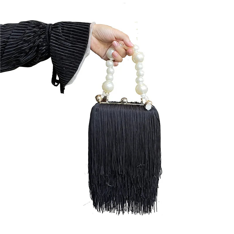 Tassel Small Square Bag Female Pearl Chain Handbag Dinner Bag High Quality Long Tassel Clutch Bag Black Evening Bag