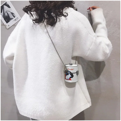 Mini Cylinder Shaped Shoulder Messenger Crossbody Bags For Women Cartoon White Rabbit Print Pu Chain Handbag With The Bucket