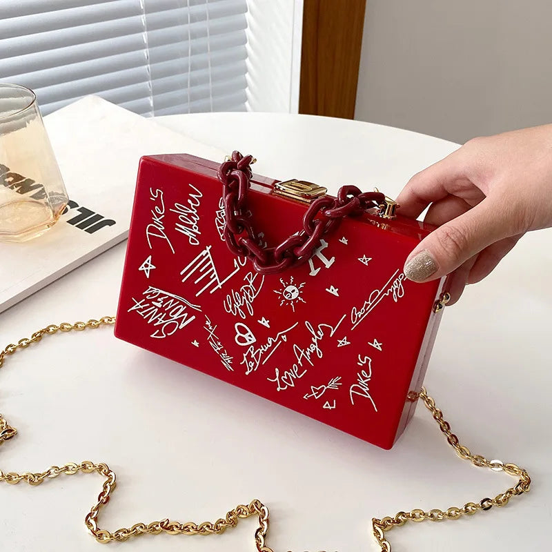 New Fashion Bag Women's Bag Personalized Graffiti Acrylic Box Bag Crossbody Messenger Single Shoulder Chain Bag