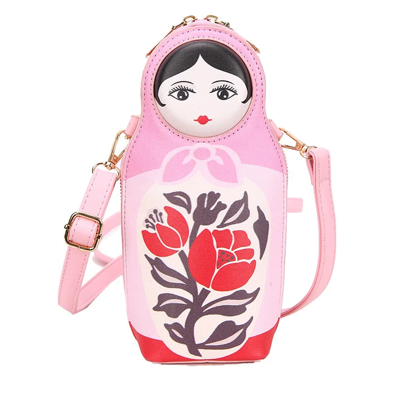 Bolso con estampado creativo de matrioska, bolso cruzado para mujer, nuevo bolso de cuero de PU a la moda, bolso para teléfono y cartera, bolso de hombro, bolsas