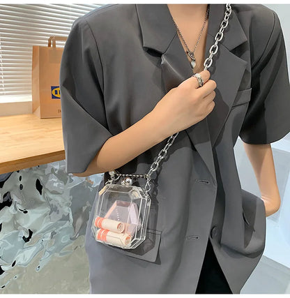 Mini sac à main en acrylique transparent pour femmes, sac à bandoulière à chaîne épaisse transparente, sac de voyage en gelée, sac à main transparent pour rouge à lèvres