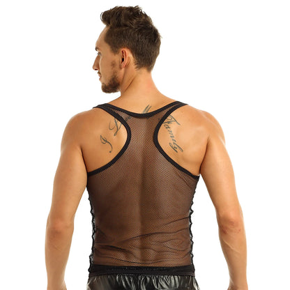 YiZYiF Mens Sexy Black Mesh See Through Clubwear Tank Vest Shirt T-Shirt  Fishnet Club Party wear free shipping