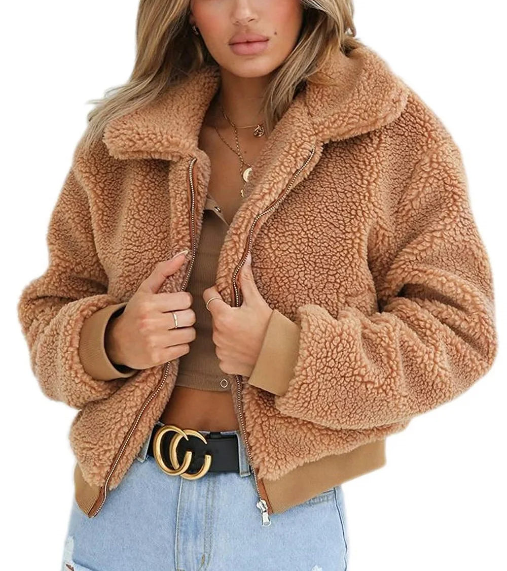 Chaqueta de invierno elegante para mujer, con bolsillo de osito de peluche grueso, abrigo cálido con cremallera, abrigo, chaqueta de piel suave, abrigo de felpa para mujer