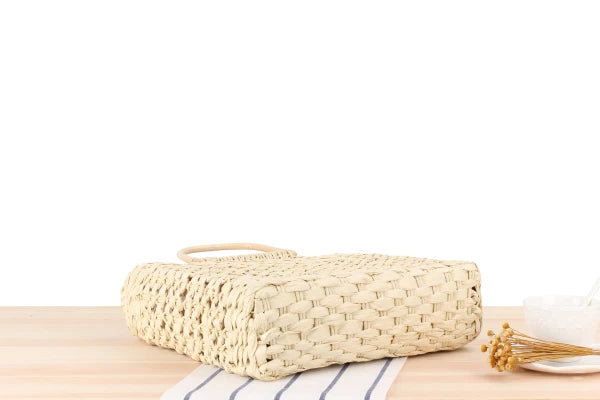 Bolsos de hombro de paja con asa de madera hueca a la moda, bolsos de mimbre tejidos de ratán para mujer, bolsos de playa de verano de gran capacidad, bolsos de viaje