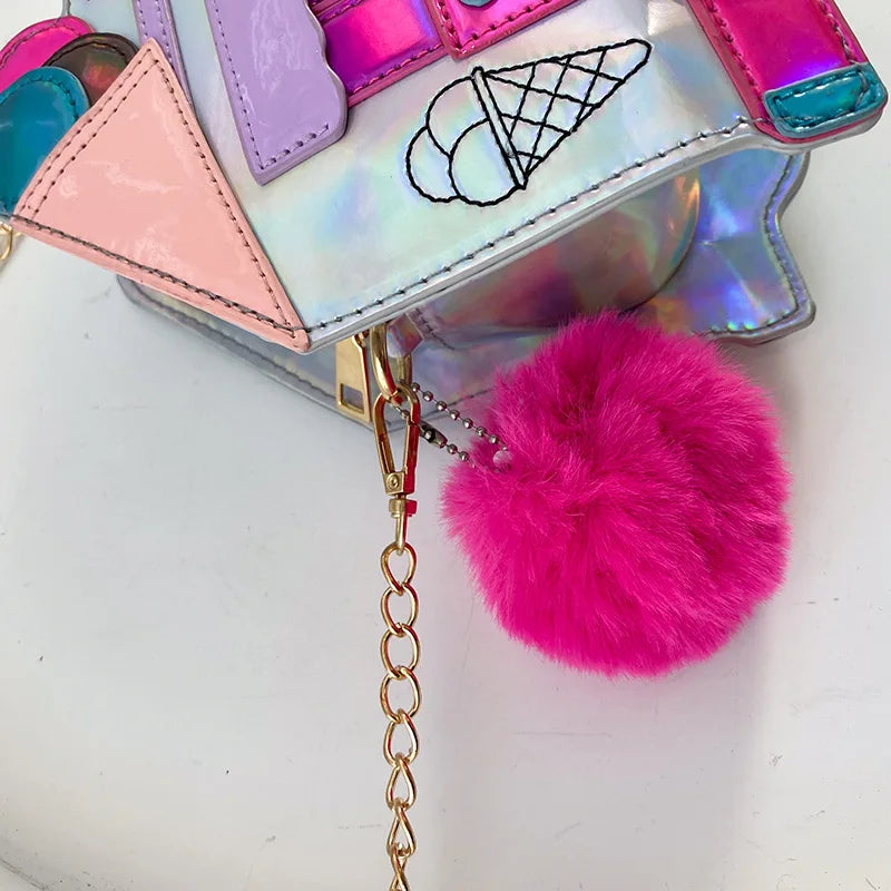 Ice Cream Car Messenger Bag Funny Personality Dazzling Color Laser Shoulder Bag Women Funny Messenger Bag Crossbody Chain Bag