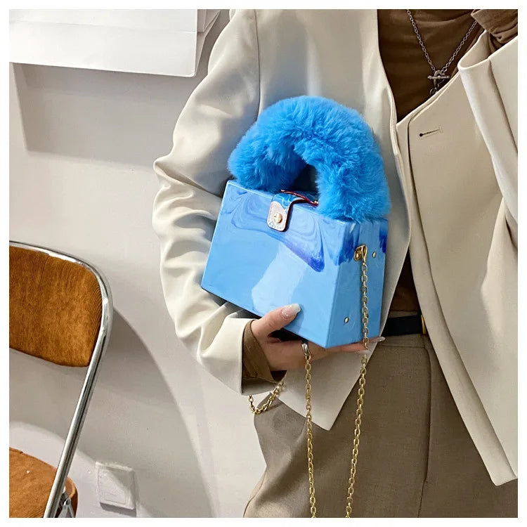 Faux Fur Top Handle Acrylic Party Box Clutch Fashion Purses and Handbags for Women Designer Evening Bag Chain Shoulder Bag