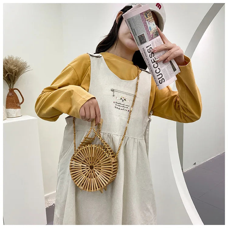 Fashion Round Beading Wooden Women Shoulder Crossbody Bags Rattan Handbags Bamboo Woven Summer Beach Straw Bag Small Bali Purses