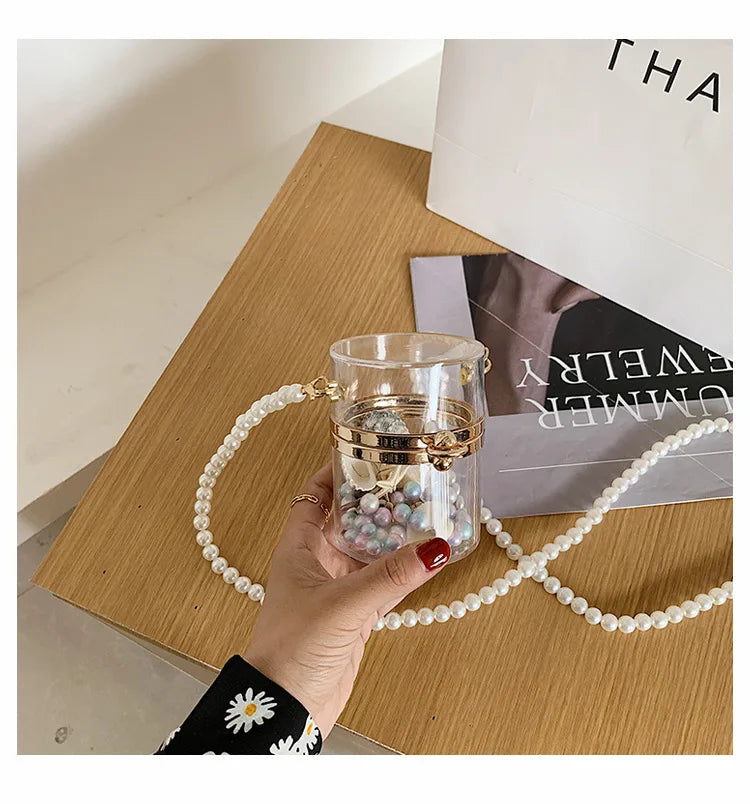 Clear Acrylic Box Clutch Purse Women Transparent Handbag Plastic Barrel Shaped Bag Girl Summer Party Bag with pearl chain